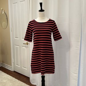 Navy blue and salmon, striped cotton, dress. The Gap